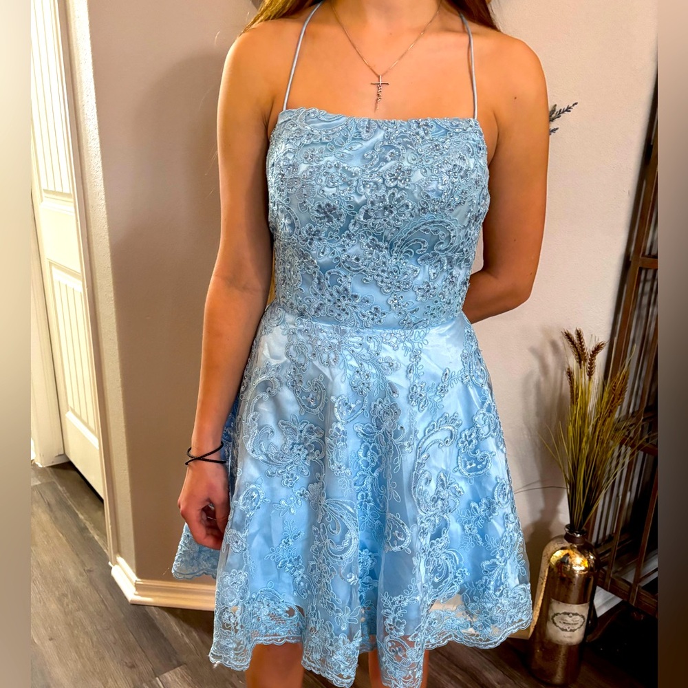 Women’s short party dress with crystals and lace